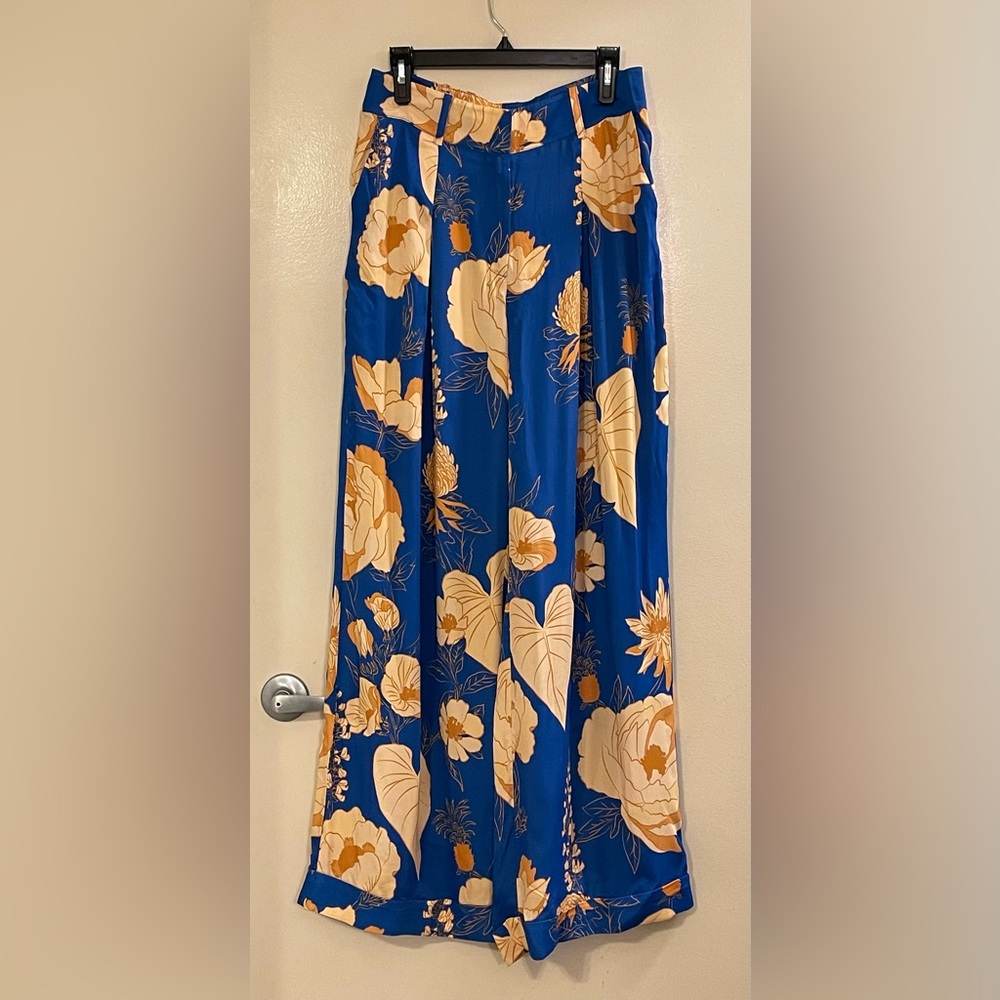 FARM Rio Blue Wide-Leg Floral Pants with Yellow/Gold Blooms - Picture 7 of 10